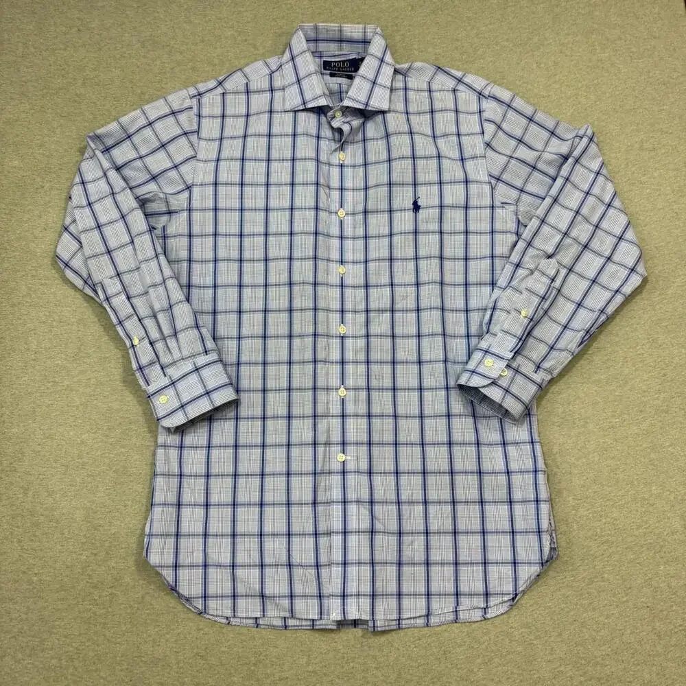 POLO Ralph Lauren Men's SLIM FIT Navy‎ Blue Check Dress Shirt 16 32/33 Medium